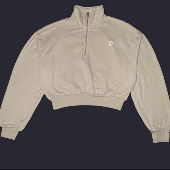 Women's Grey (taupe) Quarter-Zip French Terry Cropped Sweatshirt in Medium ✨ - Picture 1 of 6